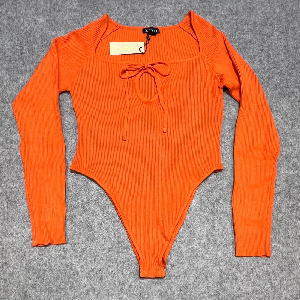 Boohoo Orange Rib Knit Halterneck Long Sleeve Bodysuit Womens L NWT